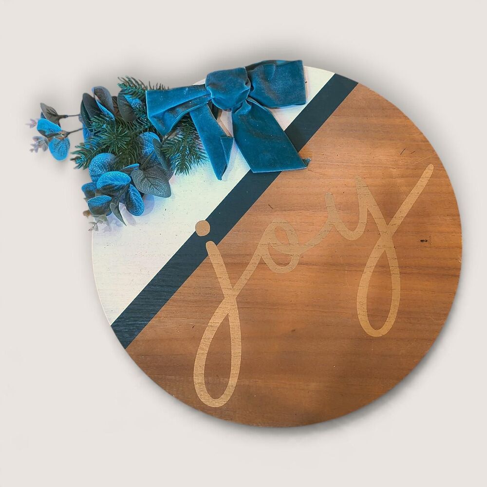 Joy Round Wood Christmas Platter Color Block White Teal Walnut Velvet Bow Greene